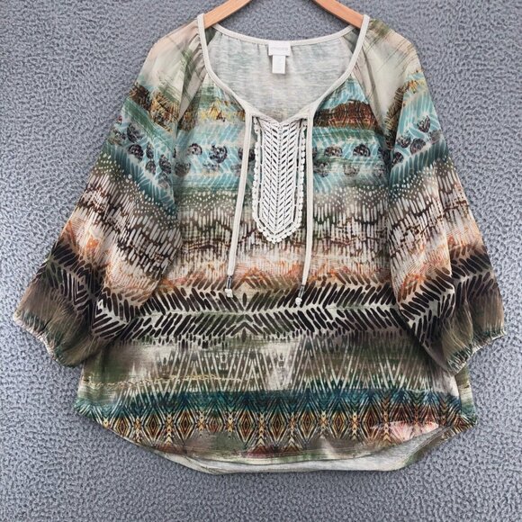 Chicos Top Women 2 US Large Sienna Green Multi Split Neck Balloon Sleeve Peasant - Picture 1 of 10